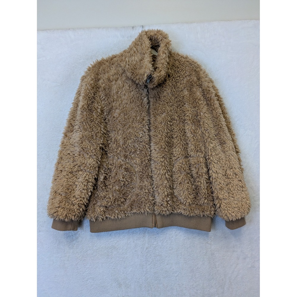 BB Dakota Faux Fur Jacket Women's Medium Tan‎ Shaggy Teddy Zip Bomber
